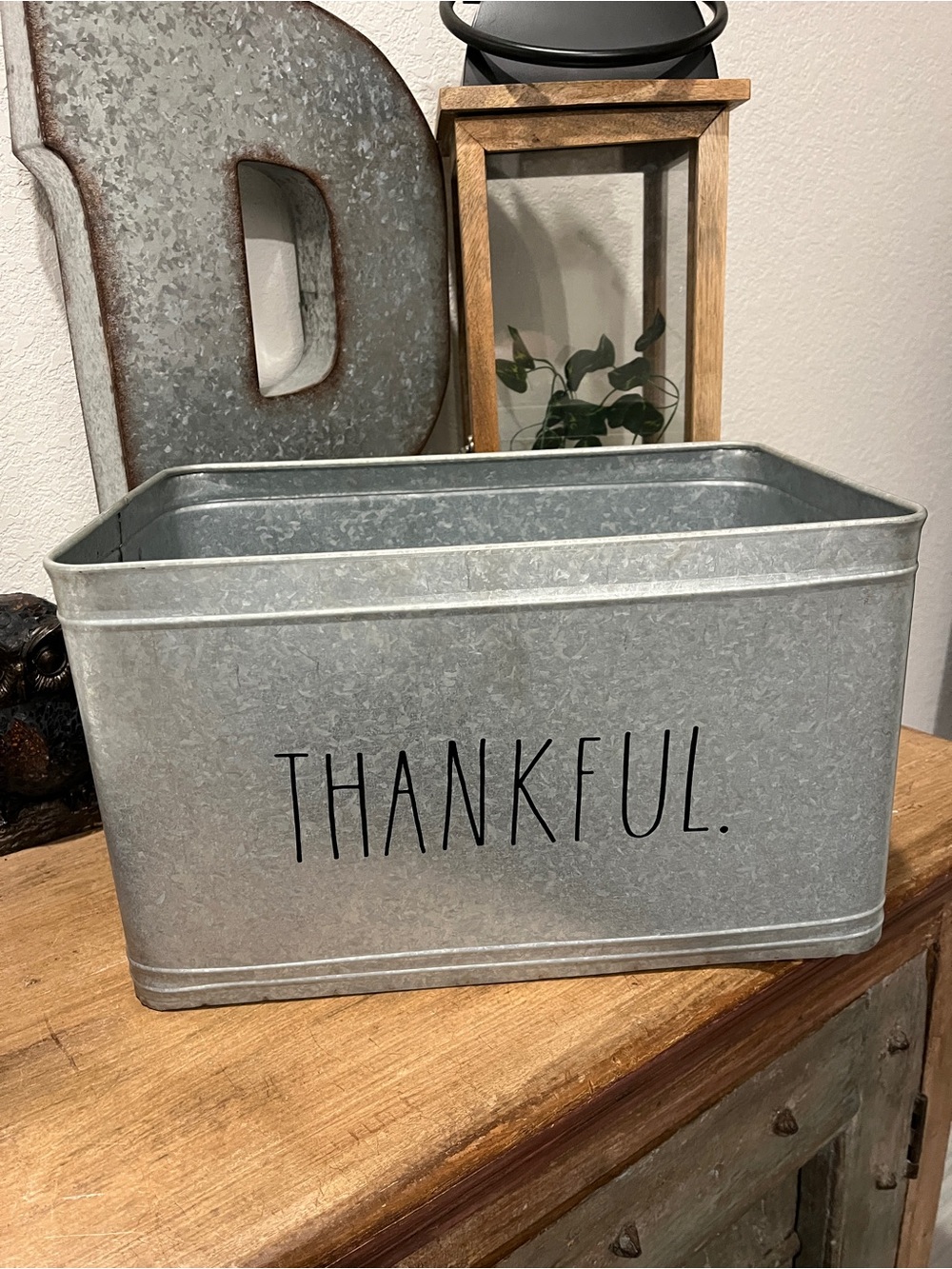 Rae Dunn Metal Storage Tub in Gray with 'THANKFUL.' Lettering